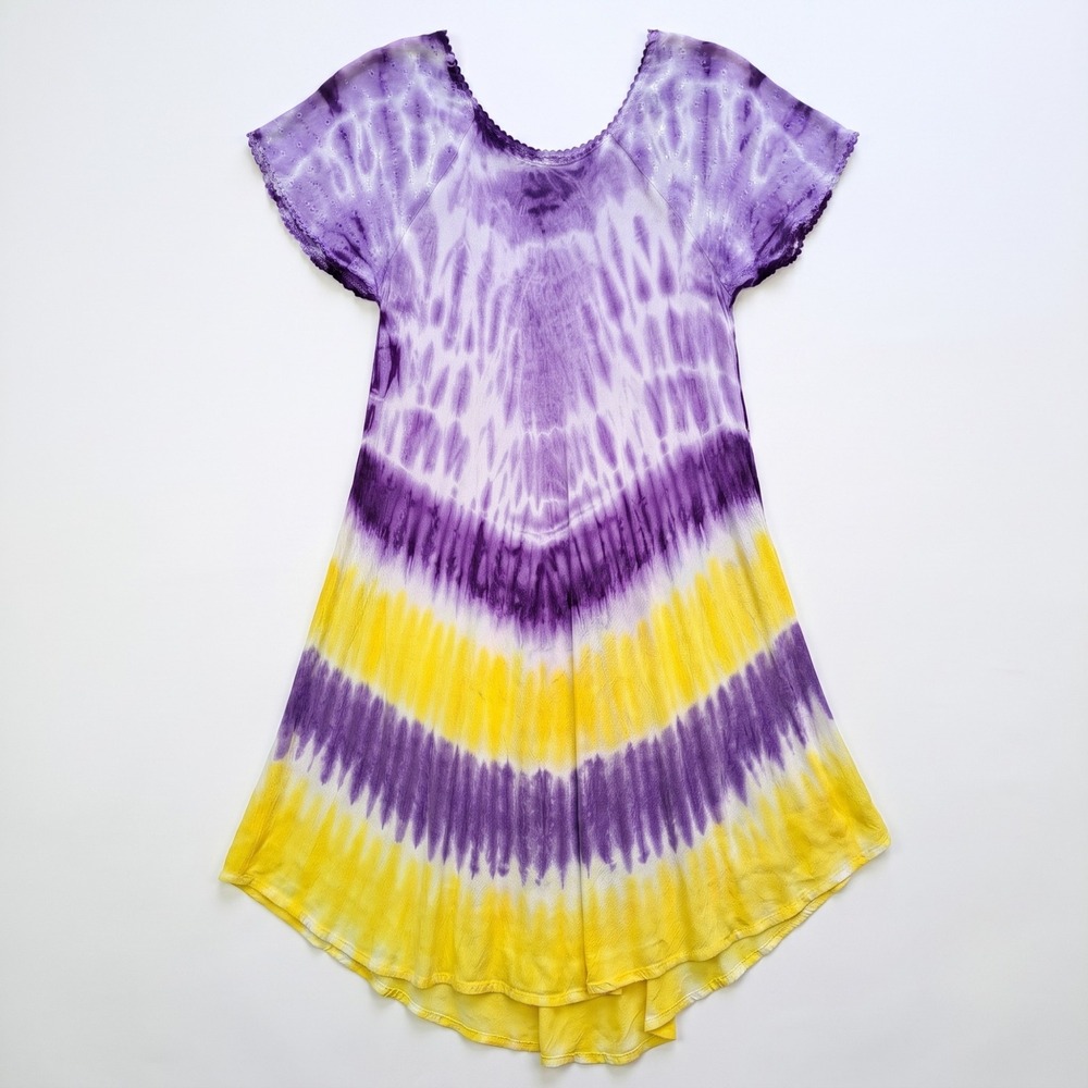 Batik Tie Dye Tunic Dress Women Purple Yellow Boho Embroidered Hippie Gorpcore - Picture 3 of 11